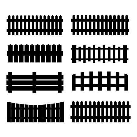set of black fences isolated over white background, silhouette wooden fence setのイラスト素材