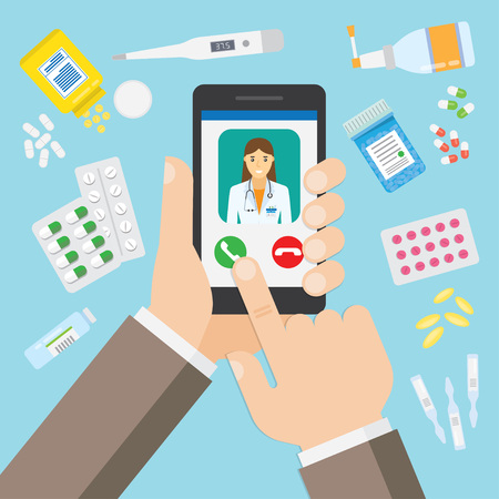 Medical, female doctor on mobile application and an online consultation. Vector illustrationのイラスト素材