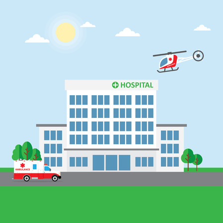City hospital building or clinic, ambulance car and helicopter. Vector Illustrationのイラスト素材