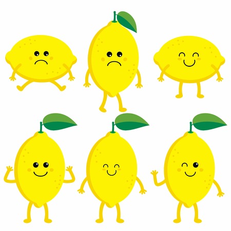 set cartoon lemons, happy lemon, cute fruit vector character set isolated on white, lemon with different emotionsのイラスト素材