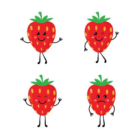 cute fruit vector character set isolated on white, strawberry cartoon character set with different emotions and posesのイラスト素材