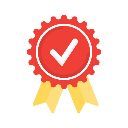 Badge with ribbons and check mark, vector illustration. Flat design styleのイラスト素材