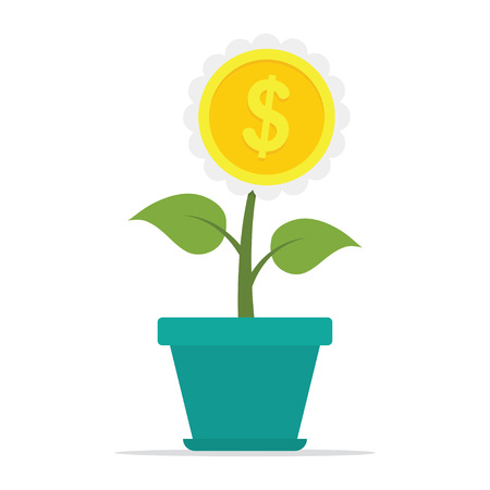 Growing plant, flower with dollar sign, isolated on white. Vector Illustrationのイラスト素材