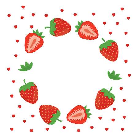 frame with fruits, card with bright colorful strawberry on white background, design for for any product with place for textのイラスト素材
