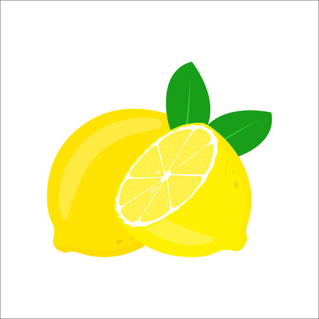 Lemon with leaves isolated on white background. whole fruit and cut into pieces. citrus. Vector illustrationのイラスト素材