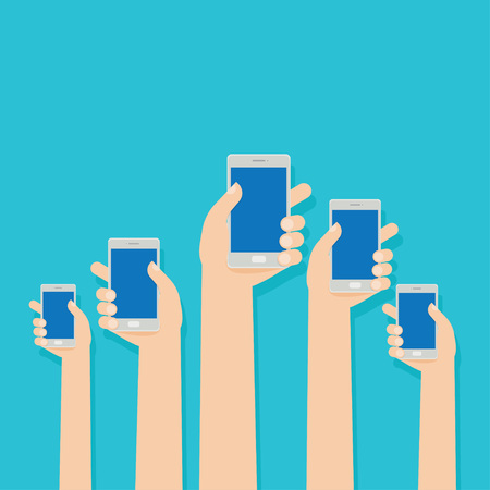 Hands hold smartphones, Vector illustration. Flat designのイラスト素材