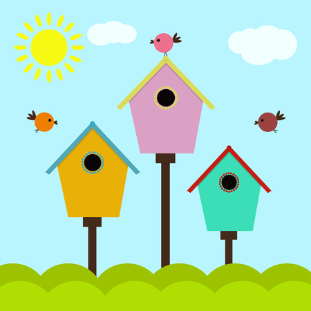 birdhouses with birds colorful style, cartoon nesting box, set of birdhousesのイラスト素材