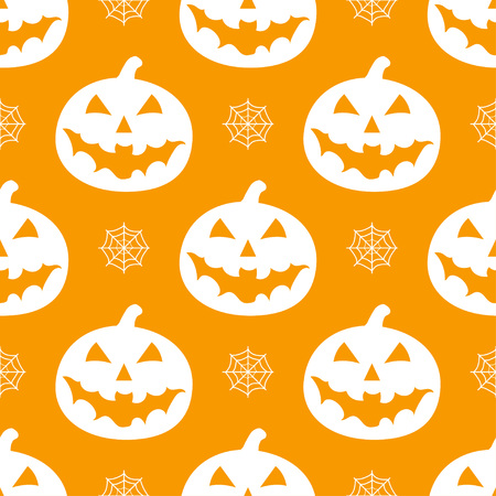halloween pattern with pumkins, web on orange backgroundのイラスト素材