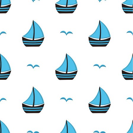 blue sailing boat with gulls on white background, seamless pattern with sailing boat, flying gullsのイラスト素材