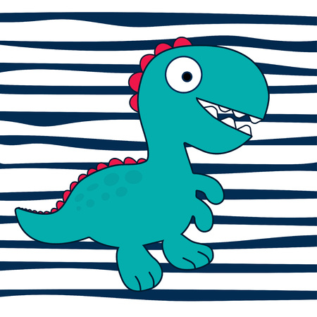 Dinosaur Rex on striped background, cute dinosaur on background with blue strips. T-shirt design vector illustration.のイラスト素材