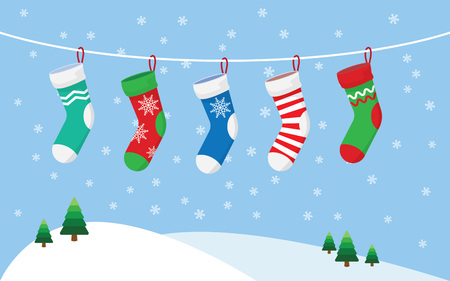Christmas stockings for presents, hanging on a rope. vector illustration