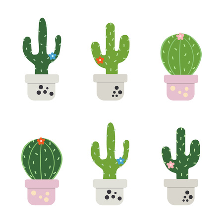 set with cactus in pot, colored funny cute cactus, cute plants, mexican cactus setのイラスト素材