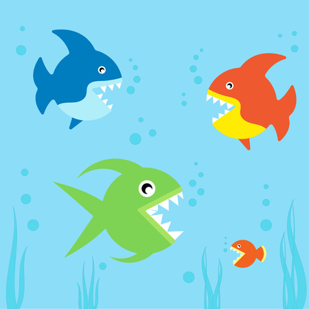 Seamless cute pattern with different fish on blue background.のイラスト素材