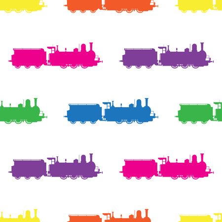 Seamless pattern with colored locomotives on white background. Vector illustration for kids design.のイラスト素材