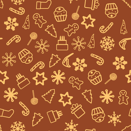 Christmas seamless pattern with holiday inscriptions and elements on chocolate background.のイラスト素材