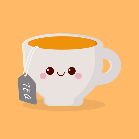 Funny cute cup drawn with a smile, eyes and hands, cartoon cup of tea with milk, cardboard character.のイラスト素材