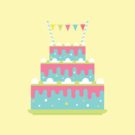 greeting and invitation card with birthday cake, candles and flags, holiday background