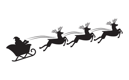 Santa Claus flying in a sleigh with reindeer. Black silhouette. Christmas. New Year.のイラスト素材