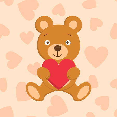 Cute little bear holding a paper heart on pink background with hearts.のイラスト素材