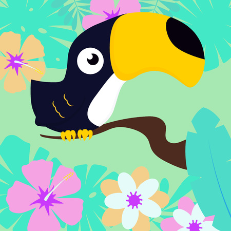 nature tropical background with toucan, hibiscus flowers and palm leaves, exotic banner, summer composition with bird and tropical elementsのイラスト素材