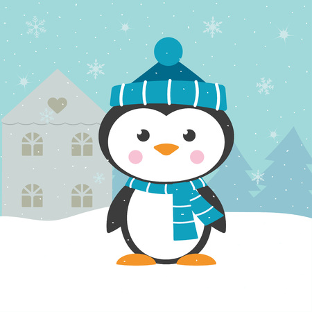 Cartoon penguin isolated on winter background. Greeting card design  with snowflakes, snow, house, fir trees and cute animal in a hat and scarvesのイラスト素材
