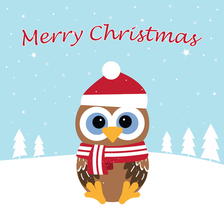 Greeting card with cute owl in hat, scarf, festive background with inscriptionのイラスト素材