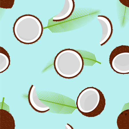Pattern with coconuts and leaves isolated on blue background, organic food ingredient, natural tropical product, coconut fruits with green palm leavesのイラスト素材
