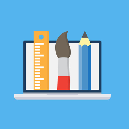 Web Design - Laptop, paint brush, pencil and ruler. Project Workplace vector illustrationのイラスト素材