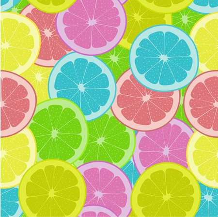 pattern with colorful tropical fruits, background with citrus fruits, lime, lemon, orange, grapefruitのイラスト素材