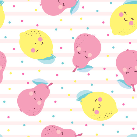 Pattern with funny fruits isolated on background with pink lines, cute fruits with grimaces.のイラスト素材