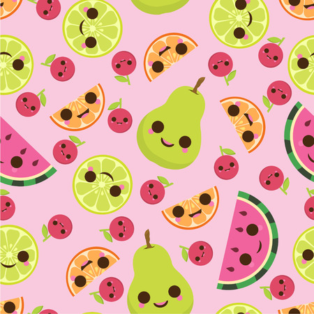 Pattern with funny fruits isolated on a pink background, cute berries and fruits with grimaces.のイラスト素材