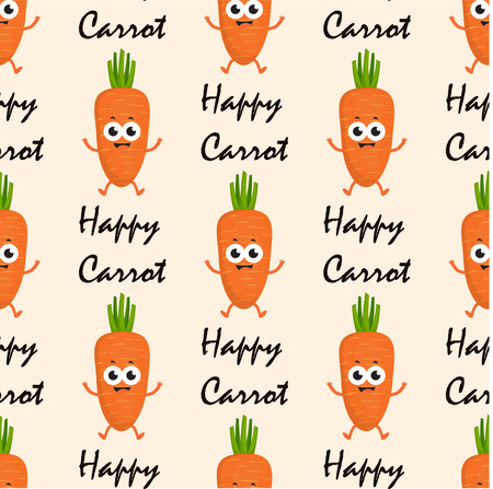 Pattern with cartoon carrots, cute funny vegetables and inscriptions isolated on beige backgroundのイラスト素材