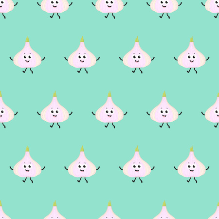pattern with cartoon garlic on green, garlic background with smiles and various grimacesのイラスト素材