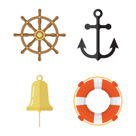 Nautical icons set. Lifebuoy, anchor, steering wheel, ship bell Vector illustrationのイラスト素材