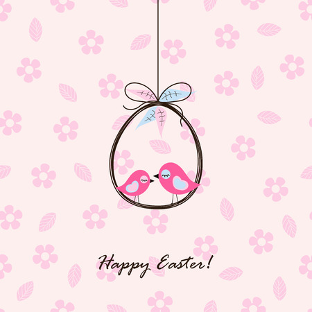 congratulatory card with Easter egg, birds and inscription on a flower background, festive patternのイラスト素材