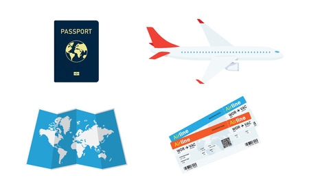 Travel Planning. Travel concept. Passport, airplane ticket, world map and airplane in sky. vector illustrationのイラスト素材