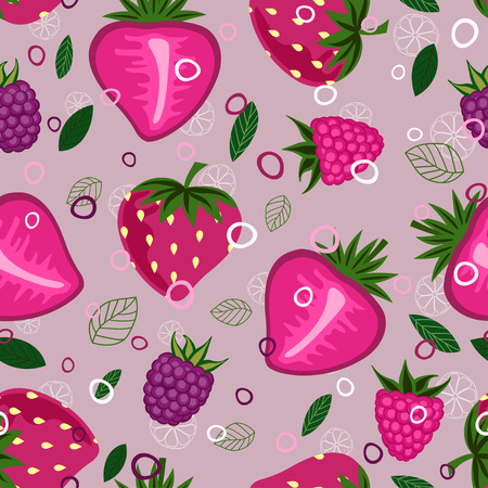 Juicy fruit pattern with berries, leaves, circles and citrus background elements, fruit background with strawberries, blackberries and raspberries in purpleのイラスト素材