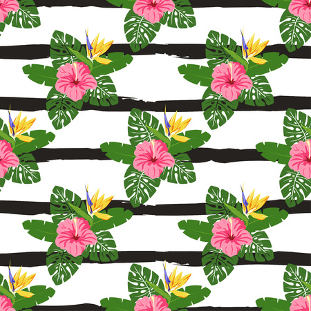 seamless pattern with pink hibiscus flowers, yellow strelitzia, palm leaves and black stripes on white backgroundのイラスト素材