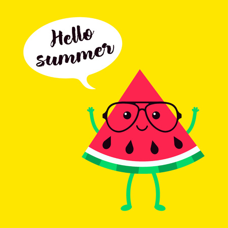 cartoon card with funny watermelon in glasses on yellow, holiday background with watermelon and inscription hello summerのイラスト素材