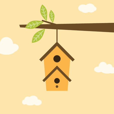 branch with leaves and birdhouse on beige background with clouds, bright banner with cute birdhouseのイラスト素材
