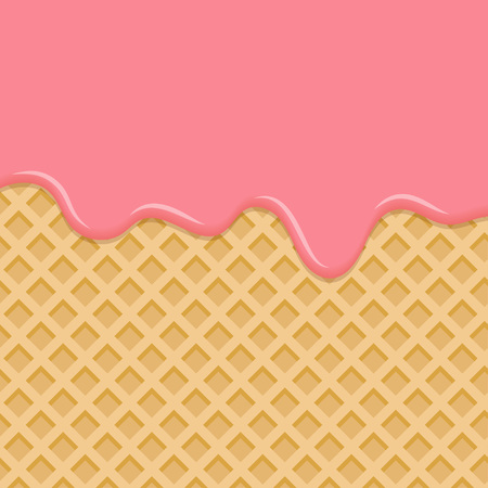 Sweet waffle with pink glaze. Dessert with pink cream, melted on wafer background. Vector Illustrationの販売画像