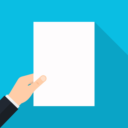 Empty white paper list in the hands. Blank sheet list without text. Vector illustrationのイラスト素材