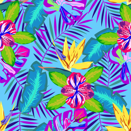 summer exotic floral tropical palm leaves background, abstract seamless pattern, plant flower nature wallpaperのイラスト素材