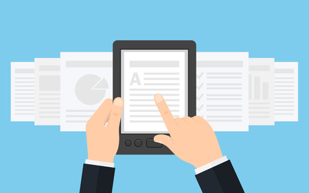 Holding Ebook reader in hands. Using e-book, vector illustrationのイラスト素材