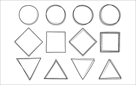 Set of the hand drawn scribble circle and square and triangle, isolated on white background. Vector illustration.のイラスト素材