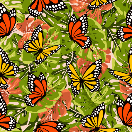 seamless pattern with tropical leaves and yellow and orange butterflies, cute floristic backgroundのイラスト素材