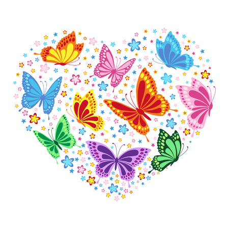 Card with butterflies and flowers in the shape of heart, holiday background, greeting cardのイラスト素材