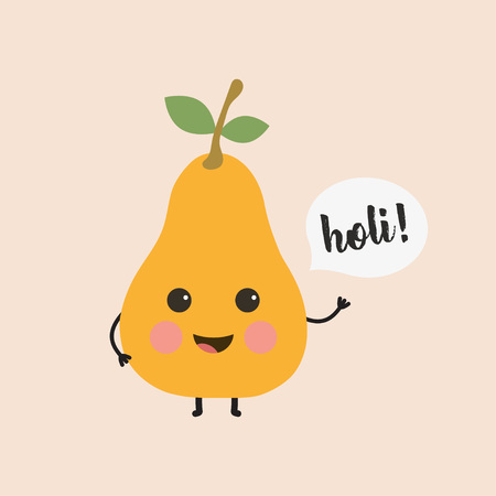 festive card with cute happy pear and holi inscription, cartoon pear banner Vector illustration.のイラスト素材