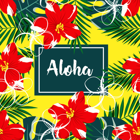 seamless pattern of flowers and palm leaves on yellow, tropical floral background with frame and text alohaのイラスト素材