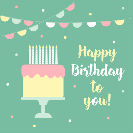 holiday card with cake, candy and wishes of happy birthday, cute birthday backgroundのイラスト素材